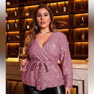 Plunge Neck Belted Sequin Top